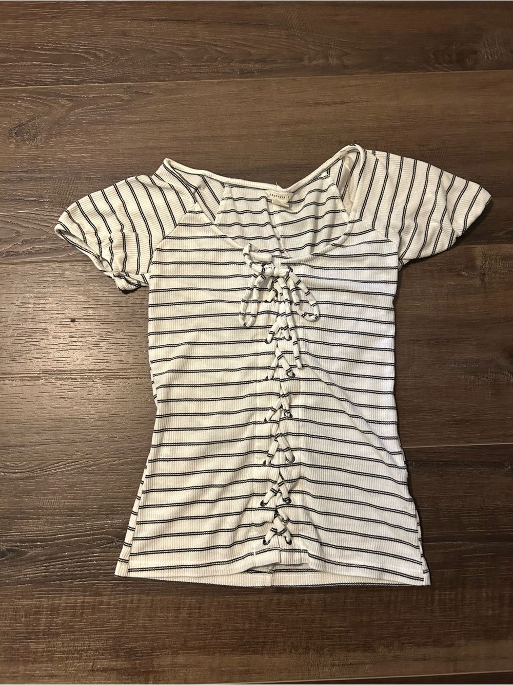 Aeropostale Small White & Black Striped Lace-Up Short Sleeve Top